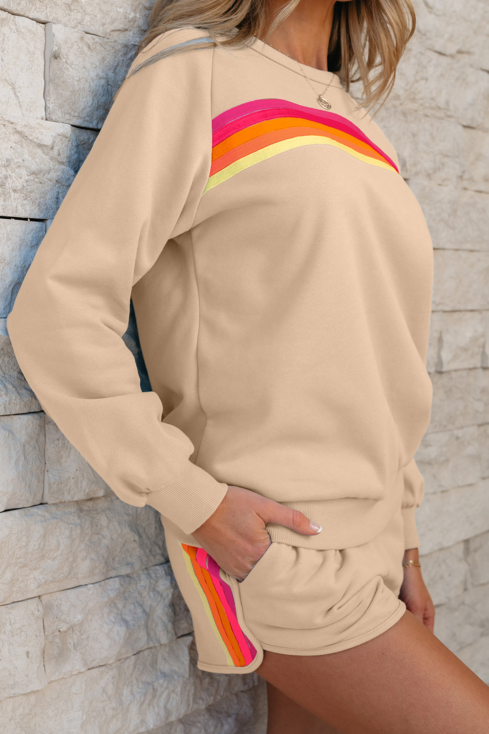 Apricot Striped Accent Pullover & Shorts Two Piece Casual Set