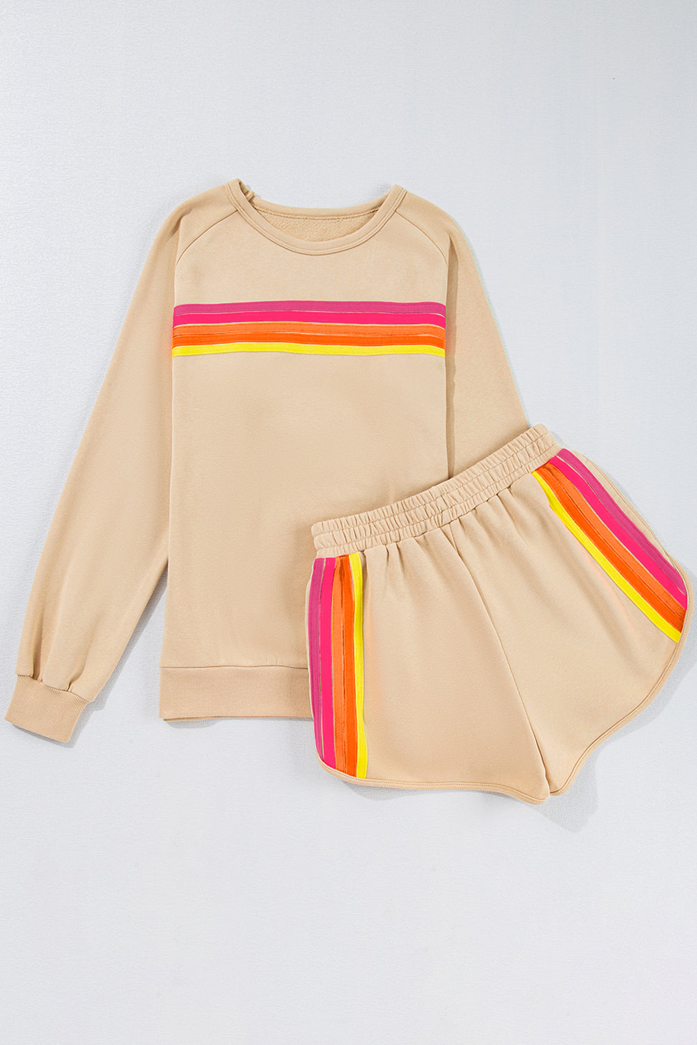 Apricot Striped Accent Pullover & Shorts Two Piece Casual Set